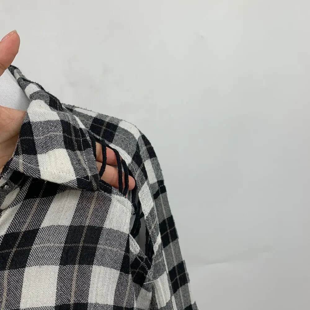 Free People Shirt Womens M Medium Black White Plaid Lace Up Shoulder Snap Button